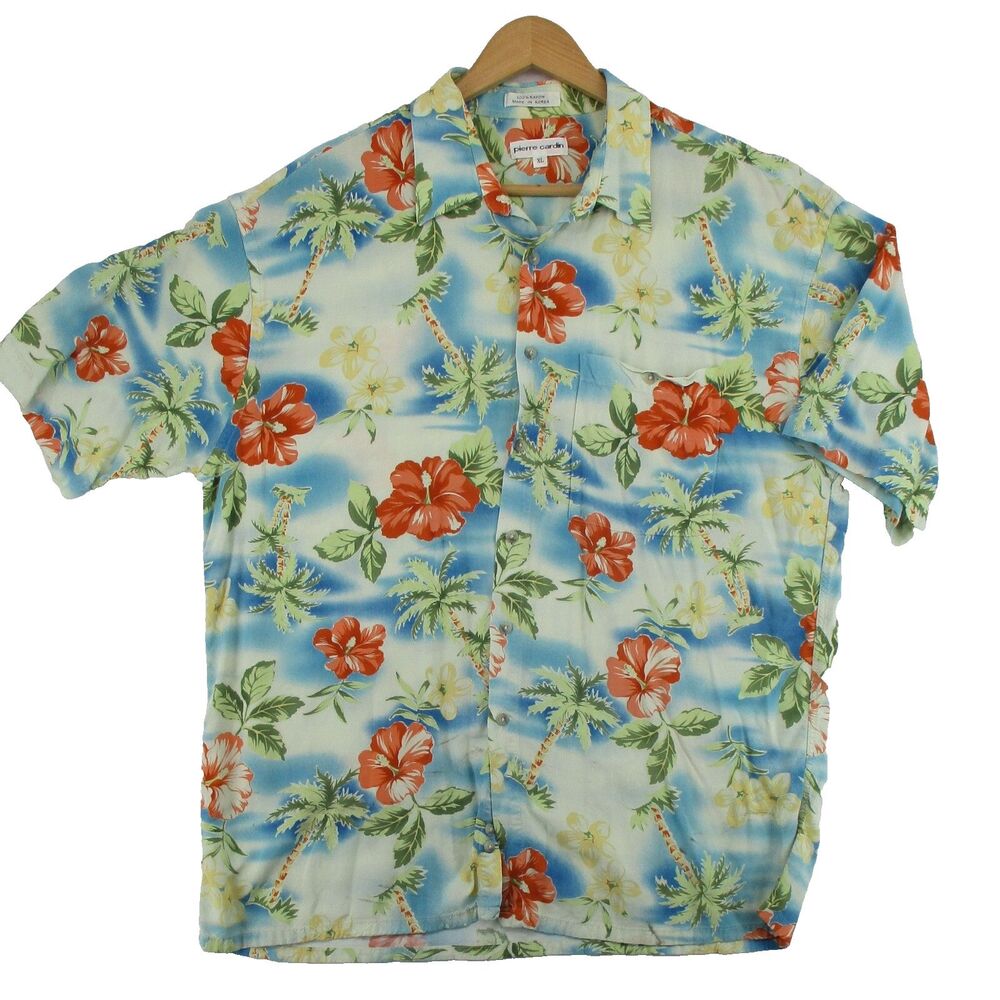 Vintage Pierre Cardin Hawaiian Button Up Shirt sz XL Men Blue Red Palms Hibiscus